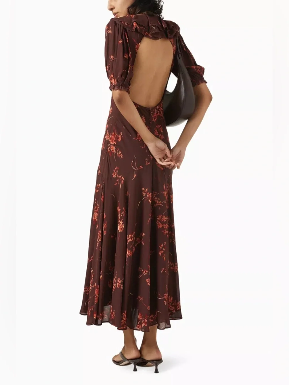 Reformation Evra Floral  Midi Dress Brown Open Back Puff Sleeve Size 8 - Picture 3 of 7